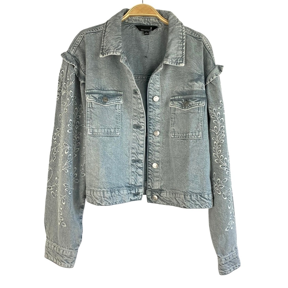 Broadway Embroidered Denim Jacket Women L Blue Ruffle Maximalist Artsy Corky